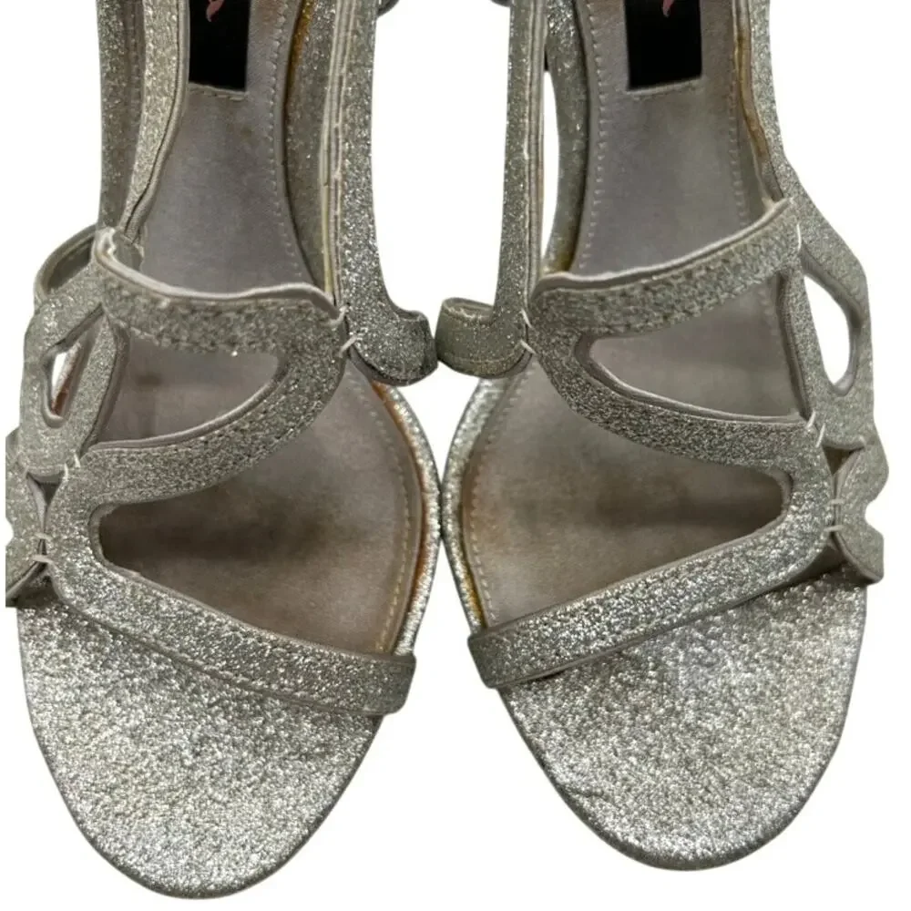 Nina Silver Glitter Strappy Unilora Heels Size 6.5 Glam Evening Slingback Y2K